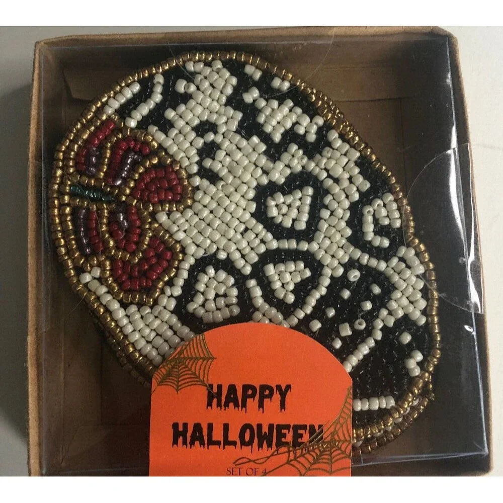Halloween Skull Drink Coasters Set of 4 White Gold Beaded Satin Backed Gothic